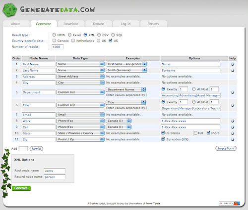 generatedata.com interface
